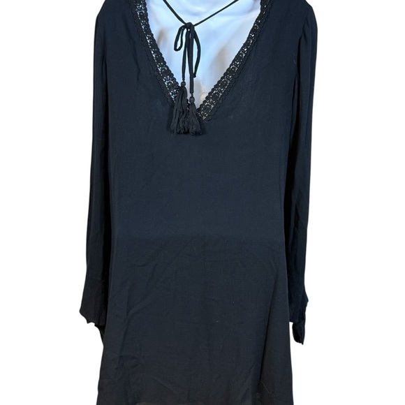 BAND OF GYPSIES Midi Boho Dress Small Black with Floral Crochet Flare Sleeves - Picture 2 of 5